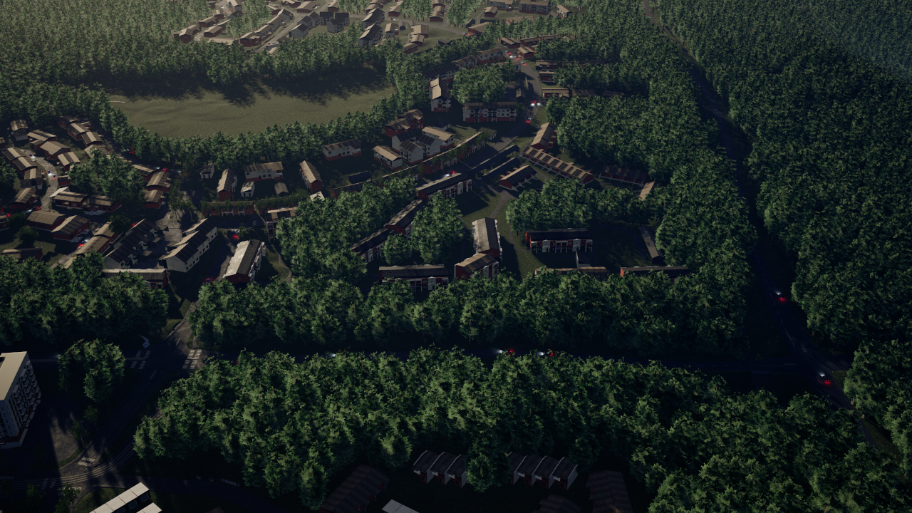 A screenshot of CiThruS2 showing a daytime aerial view of a suburban area with forests and houses.