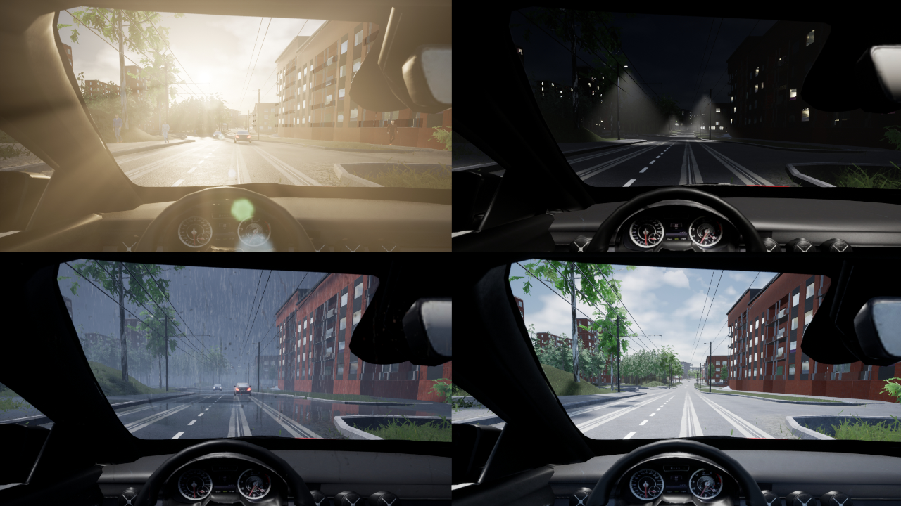 A screenshot of CiThruS2 showing four views from a virtual car's driver's seat in different conditions. The first view has bright lighting, the second view is very dark, the third one has rain and the fourth one is a clear daytime view.