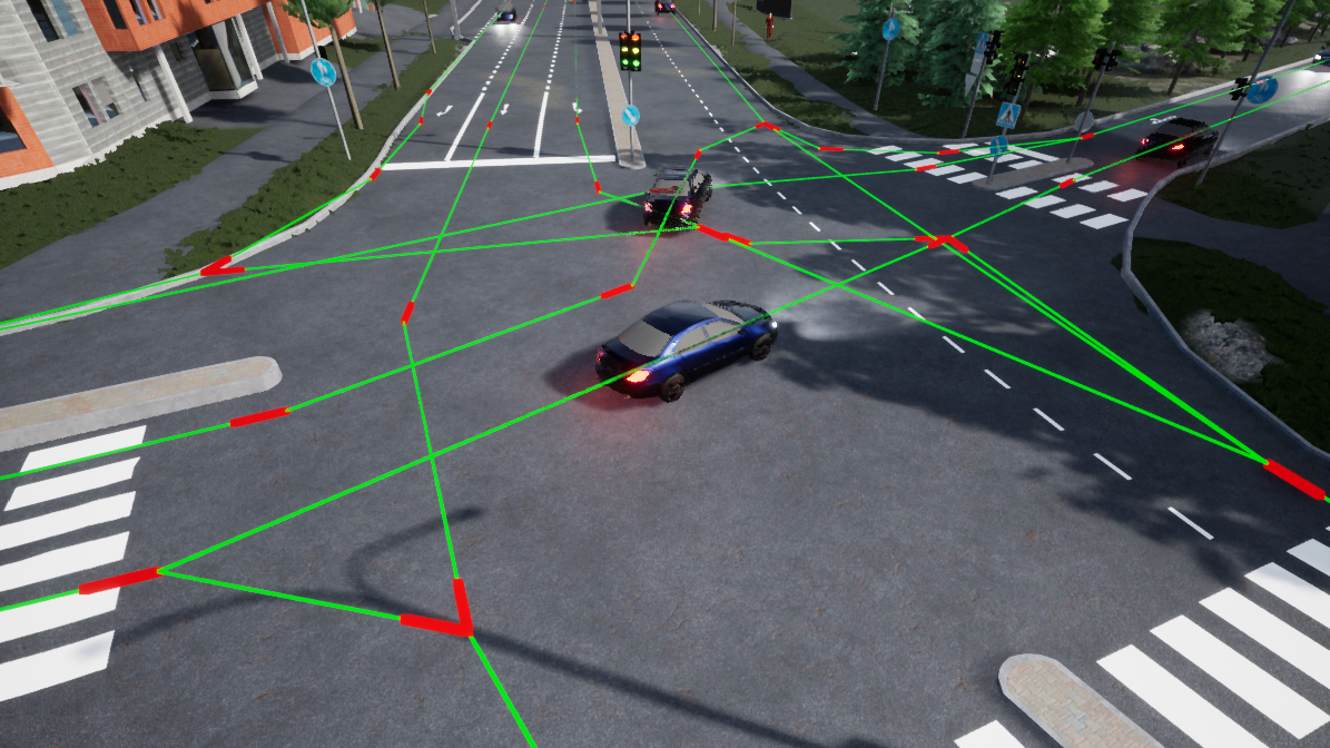 A screenshot of CiThruS2 showing a pathfinding graph and virtual cars following it.