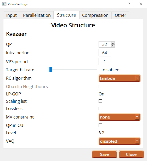 Structures tab of Kvazzup video settings for adjusting video encoder parameters.